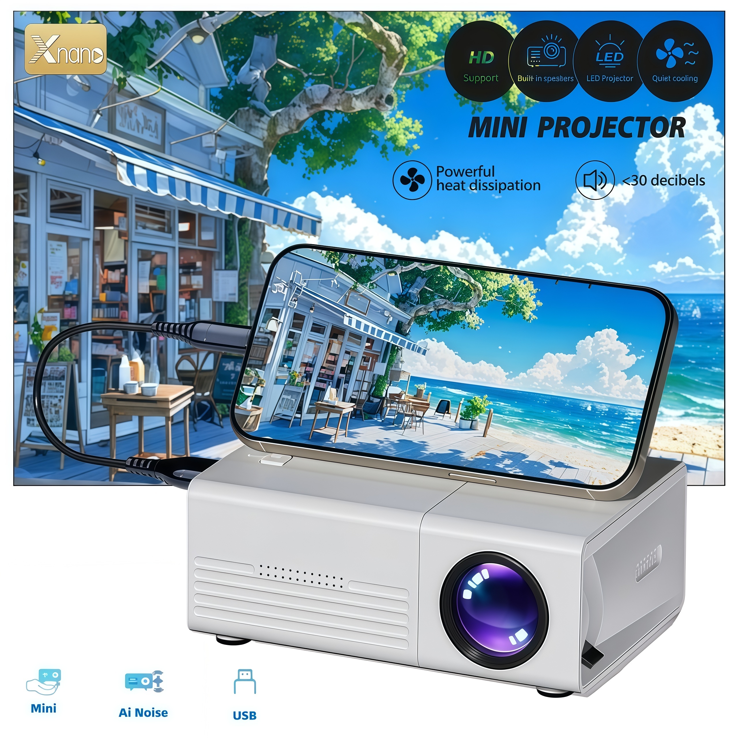 Home Cinema Night - XNANO Q1 Mini Projector Portable,1080p,Supports USB-C